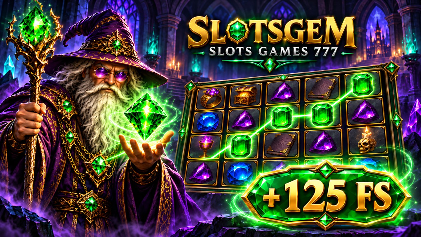 Slotsgem: Slots Games 777 key art: the wizard holds a glowing green gem beside the 5 by 4 reel grid and a +125 free spins award
