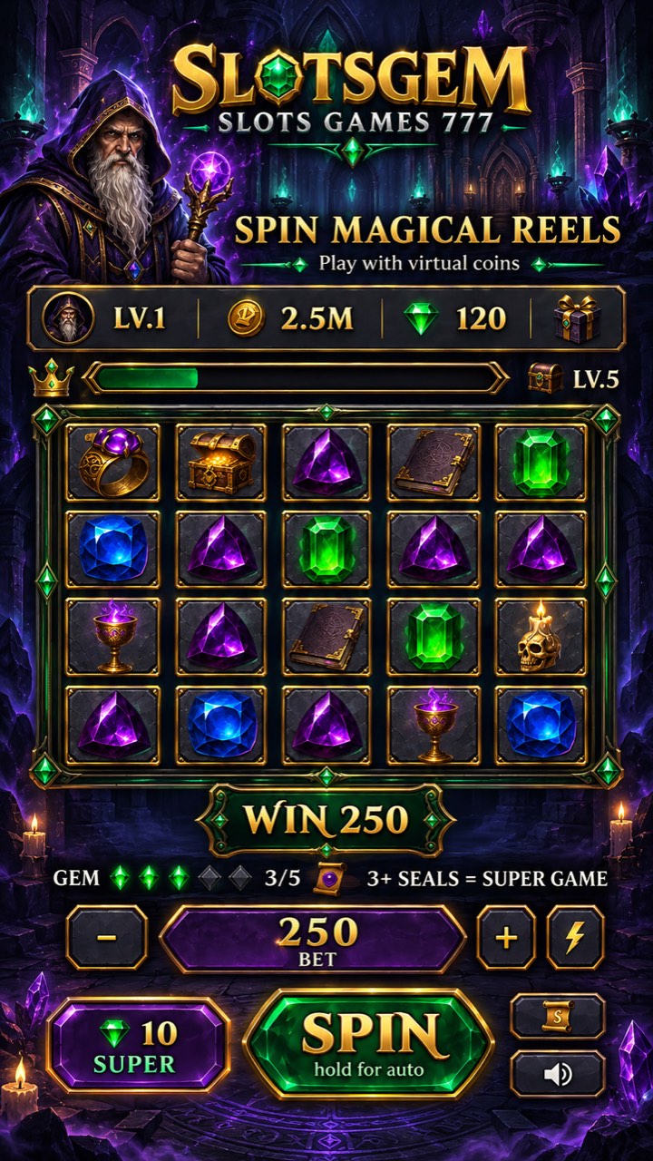 Slotsgem slots game screen: spin magical reels with virtual coins