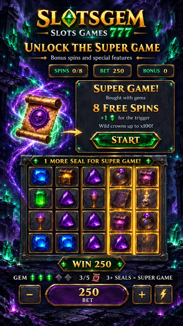 Slotsgem Super Game screen: 8 free spins with wild crowns up to x100