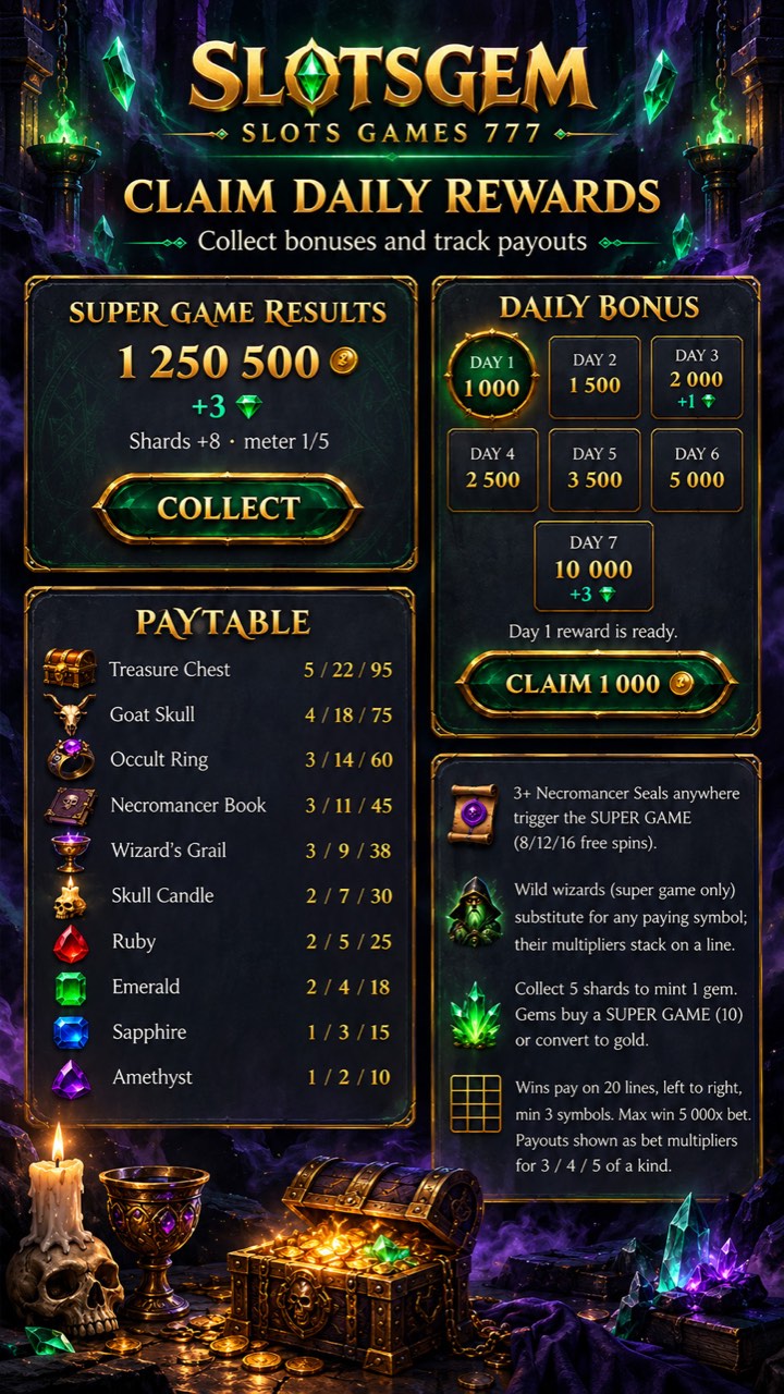 Slotsgem daily rewards and paytable screen